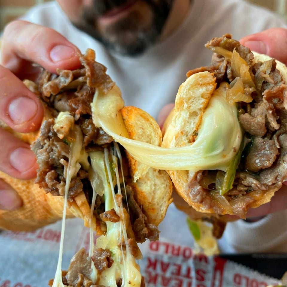 Person holding a cheesesteak sandwich filled with sliced beef, melted cheese, and onions.