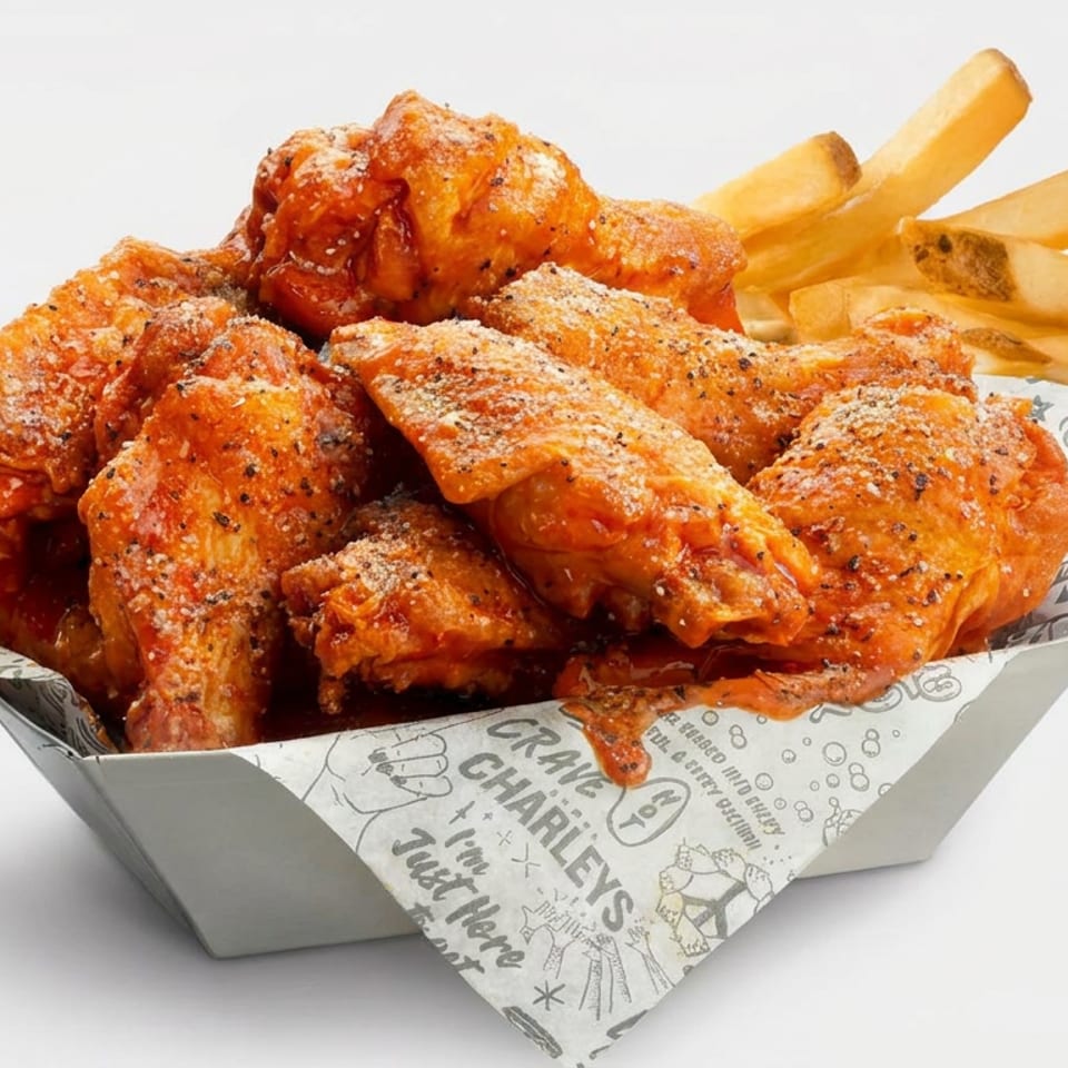 Crispy sauced chicken wings sprinkled with seasoning and served with golden fries in a branded paper-lined tray.