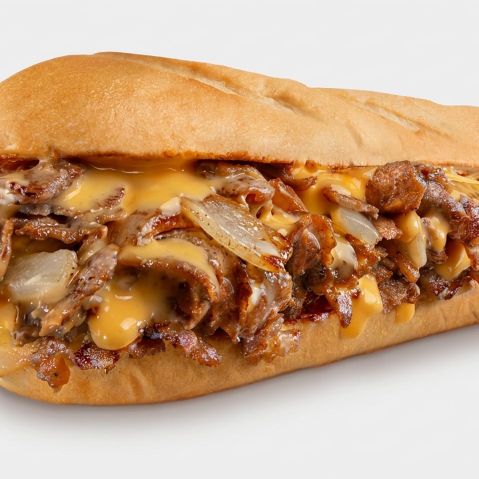 Loaded cheesesteak sandwich with sliced steak, sautéed onions, mushrooms, and melted cheese on a toasted hoagie roll.