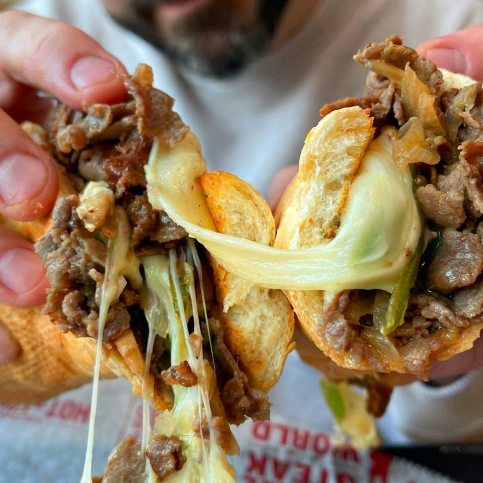 Hands hold two toasted sandwiches filled with shaved beef, melted cheese, and sautéed onions at a restaurant table.