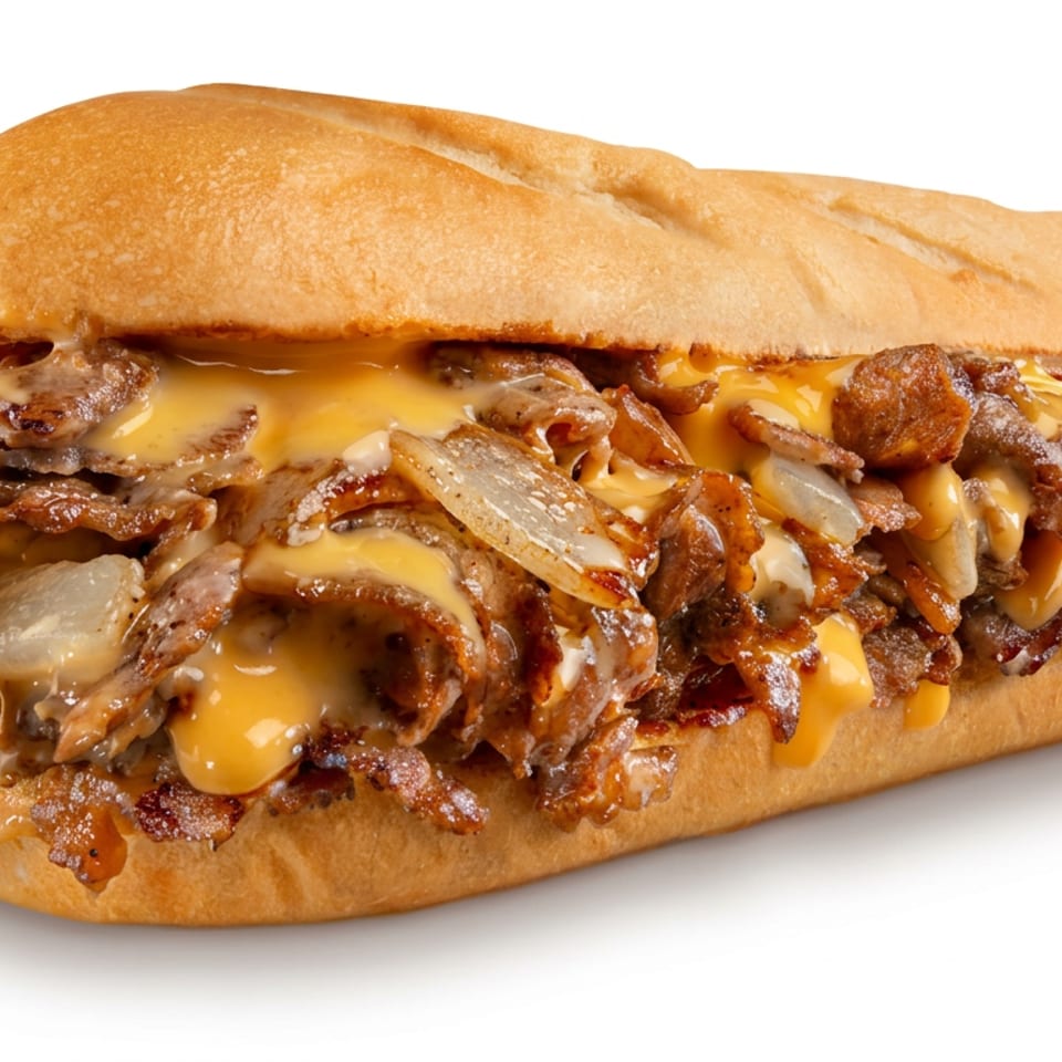 Cheesesteak sandwich piled with sliced beef, sautéed onions, mushrooms, and melted cheese on a toasted roll.