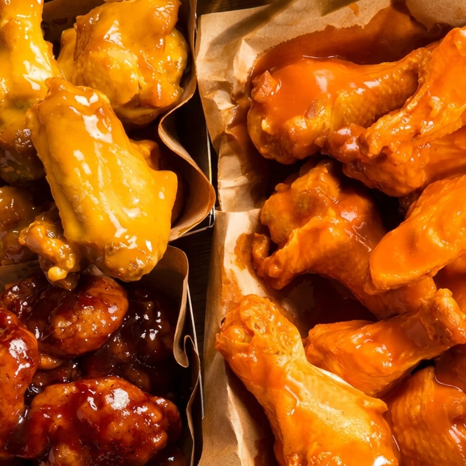 Assorted saucy chicken wings arranged in paper-lined serving trays, including orange, yellow, and dark glazed varieties.