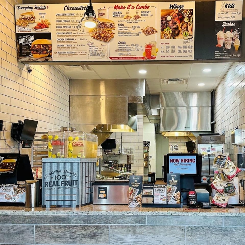 Fast-food restaurant counter with menu boards, fresh lemonade dispenser, ordering kiosks, snack displays, and an open kitchen.