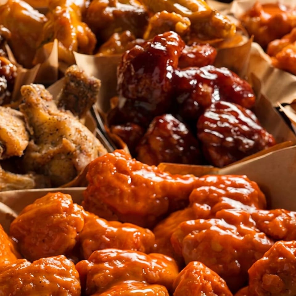 Assorted saucy and crispy chicken wings served in paper-lined trays.