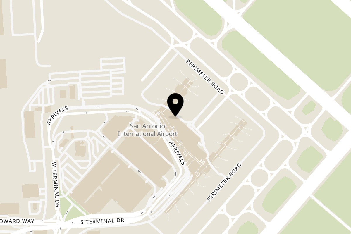 Map showing the location of Charleys Cheesesteaks San Antonio Airport on 9800 Airport Blvd in San Antonio