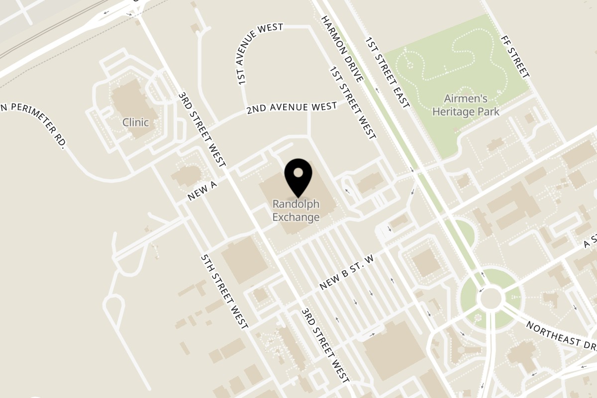 Map showing the location of Charleys Cheesesteaks Randolph Air Force Base on 630 3rd St W Bldg. 1068 in Universal City